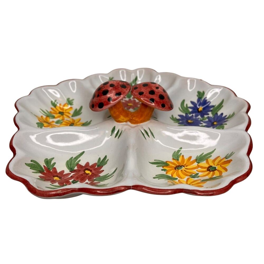 Vintage 60s Ceramic Divided Dish Hand Painted  Mushroom Center Floral Accents - Picture 2 of 9